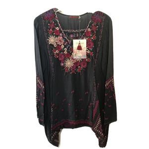 NEW Johnny Was Women Wish Stitch Gray Embroidered Boho Tunic Top Shirt XS